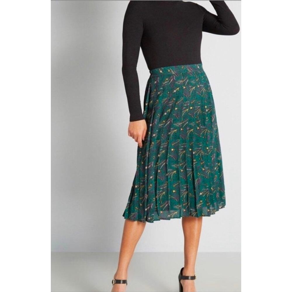 Modcloth Afresh Floral Print Pleated Midi Skirt Forrest Green Size XL